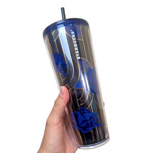 (NEW) Starbucks Cobalt Blue & Gold Rose 24oz Venti Cold Cup – Art Deco Design